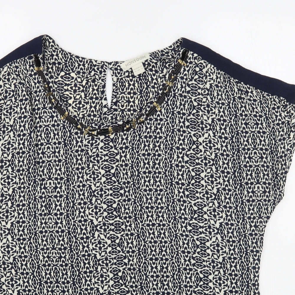 Monsoon Womens Blue Geometric Viscose Basic Blouse Size 14 Scoop Neck