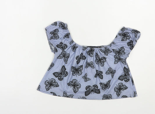 In the Style Womens Blue Geometric Polyester Cropped Blouse Size 6 Off the Shoulder - Butterfly Print
