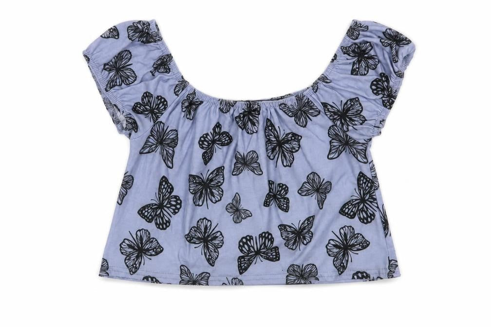 In the Style Womens Blue Geometric Polyester Cropped Blouse Size 6 Off the Shoulder - Butterfly Print