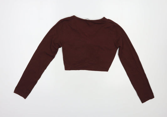 Outrageous Fortune Womens Brown  Cotton Cropped T-Shirt Size S V-Neck
