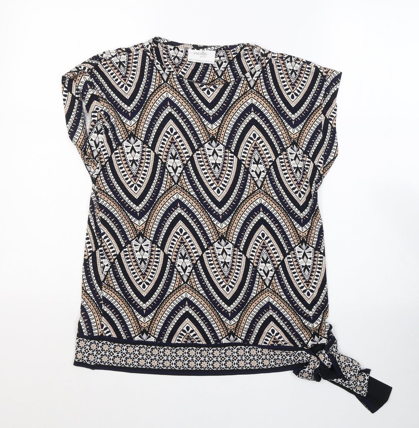 Wallis Womens Beige Geometric Cotton Basic Blouse Size S Round Neck - tie detail