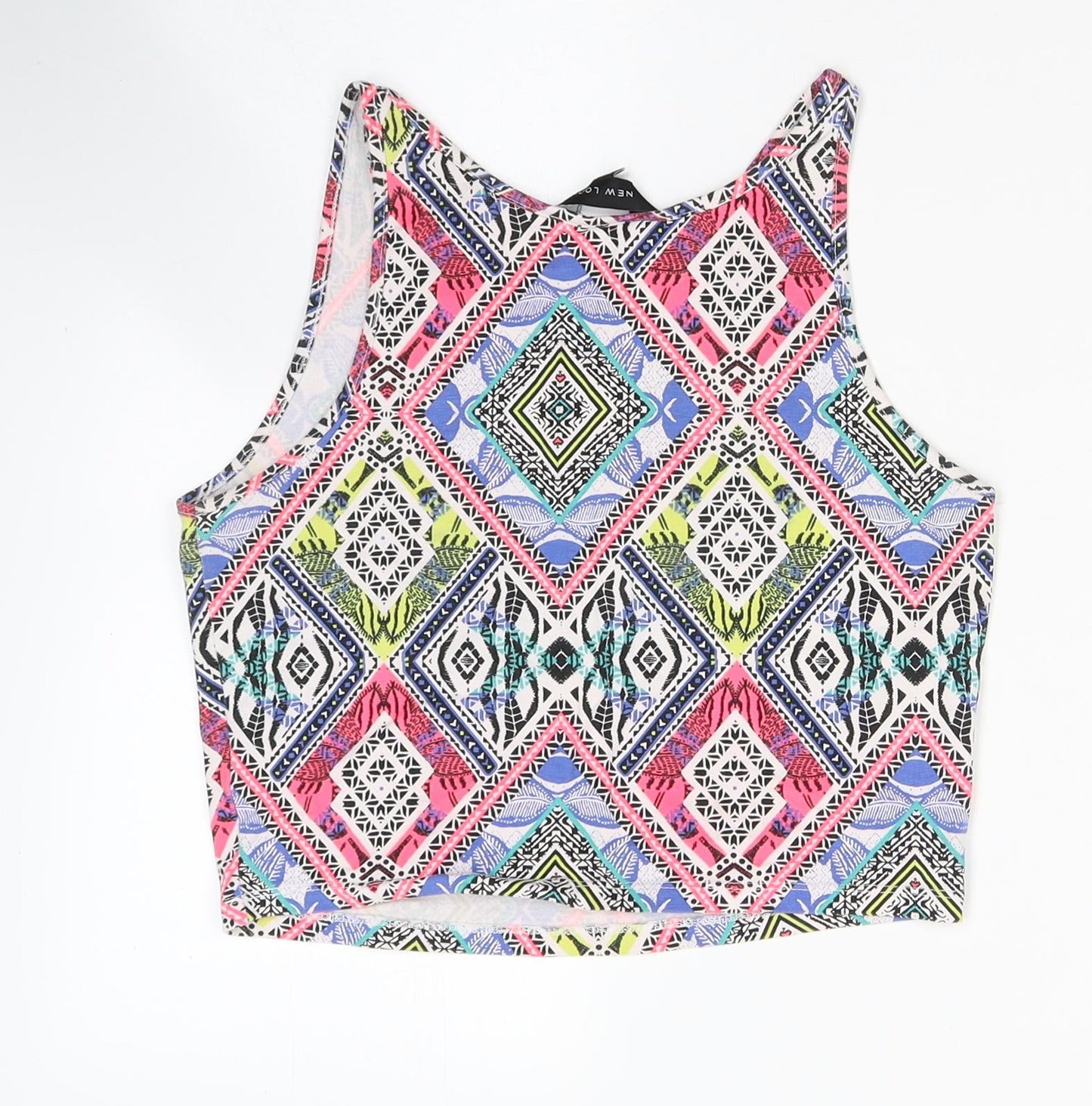 New Look Womens Multicoloured Geometric Cotton Cropped Tank Size 10 Round Neck