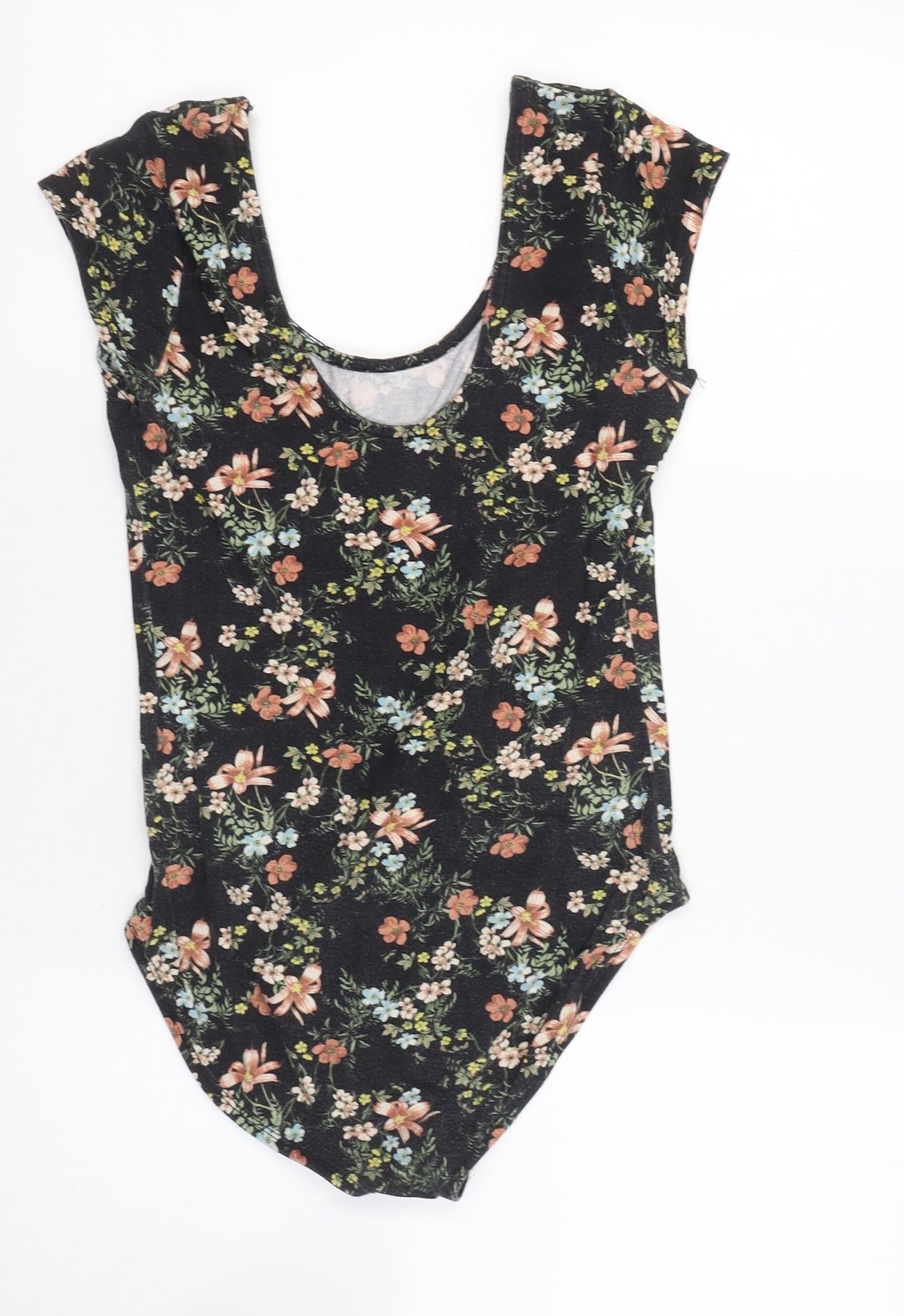 Miss Selfridge Womens Black Floral Cotton Bodysuit One-Piece Size 10  Button