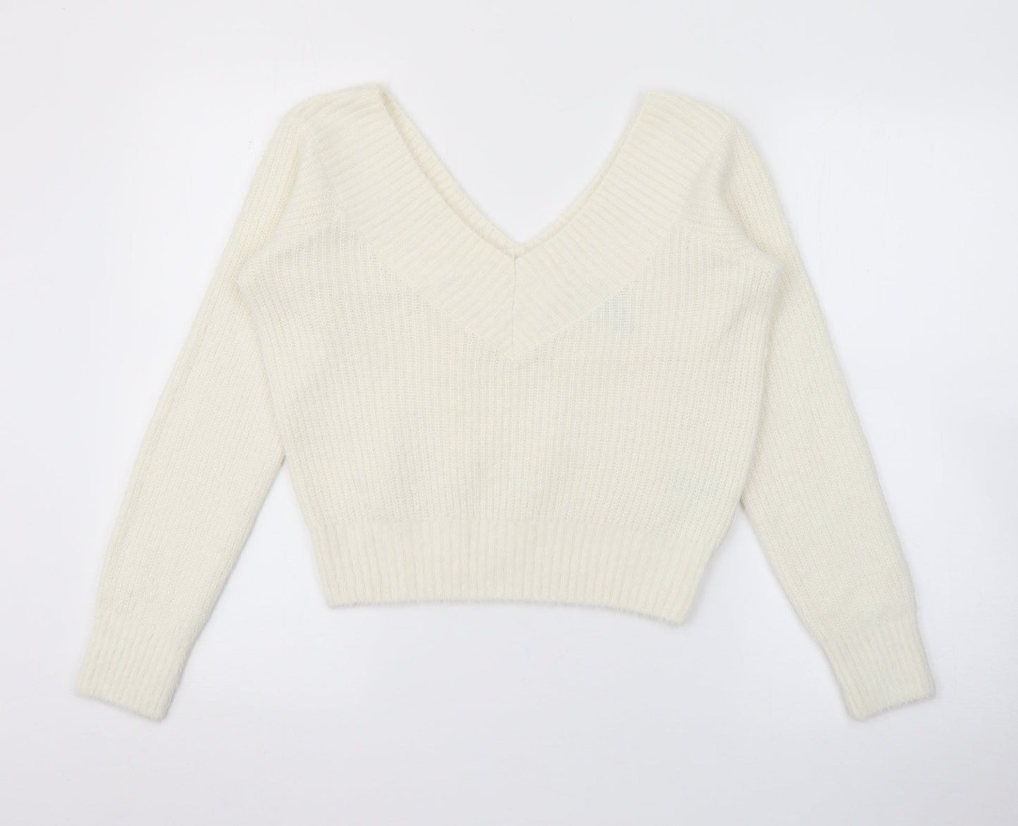 H&M Womens White V-Neck  Polyamide Pullover Jumper Size M