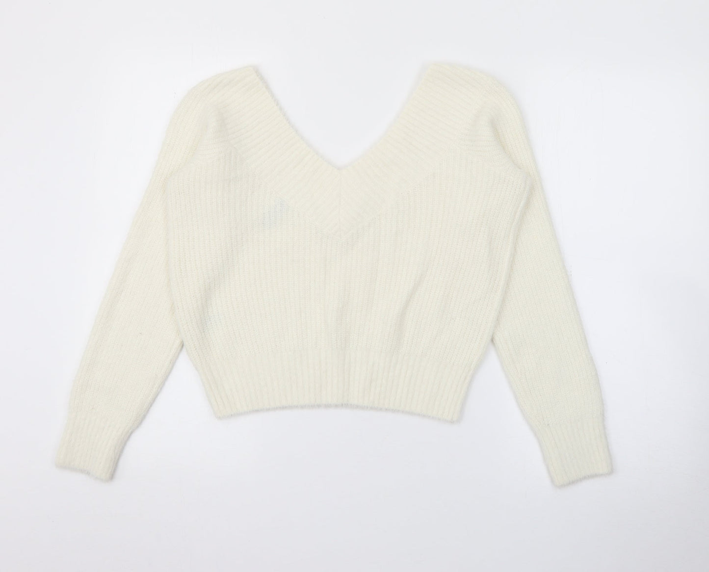 H&M Womens White V-Neck  Polyamide Pullover Jumper Size M