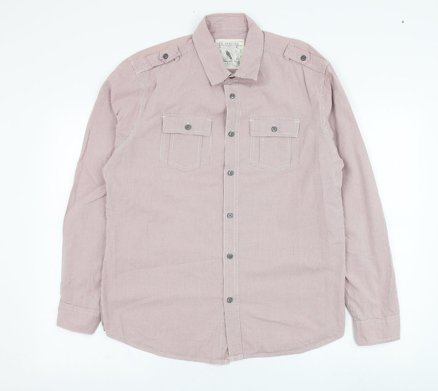 Red Herring Mens Red Check Cotton  Button-Up Size L Collared Button