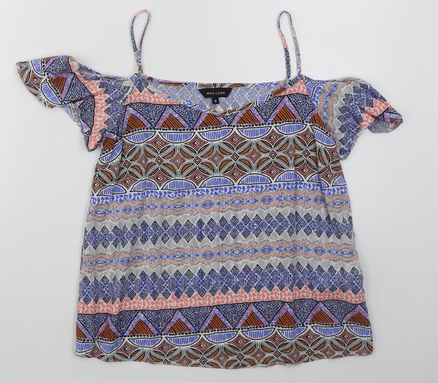 New Look Womens Blue Geometric Viscose Basic Blouse Size 6 V-Neck