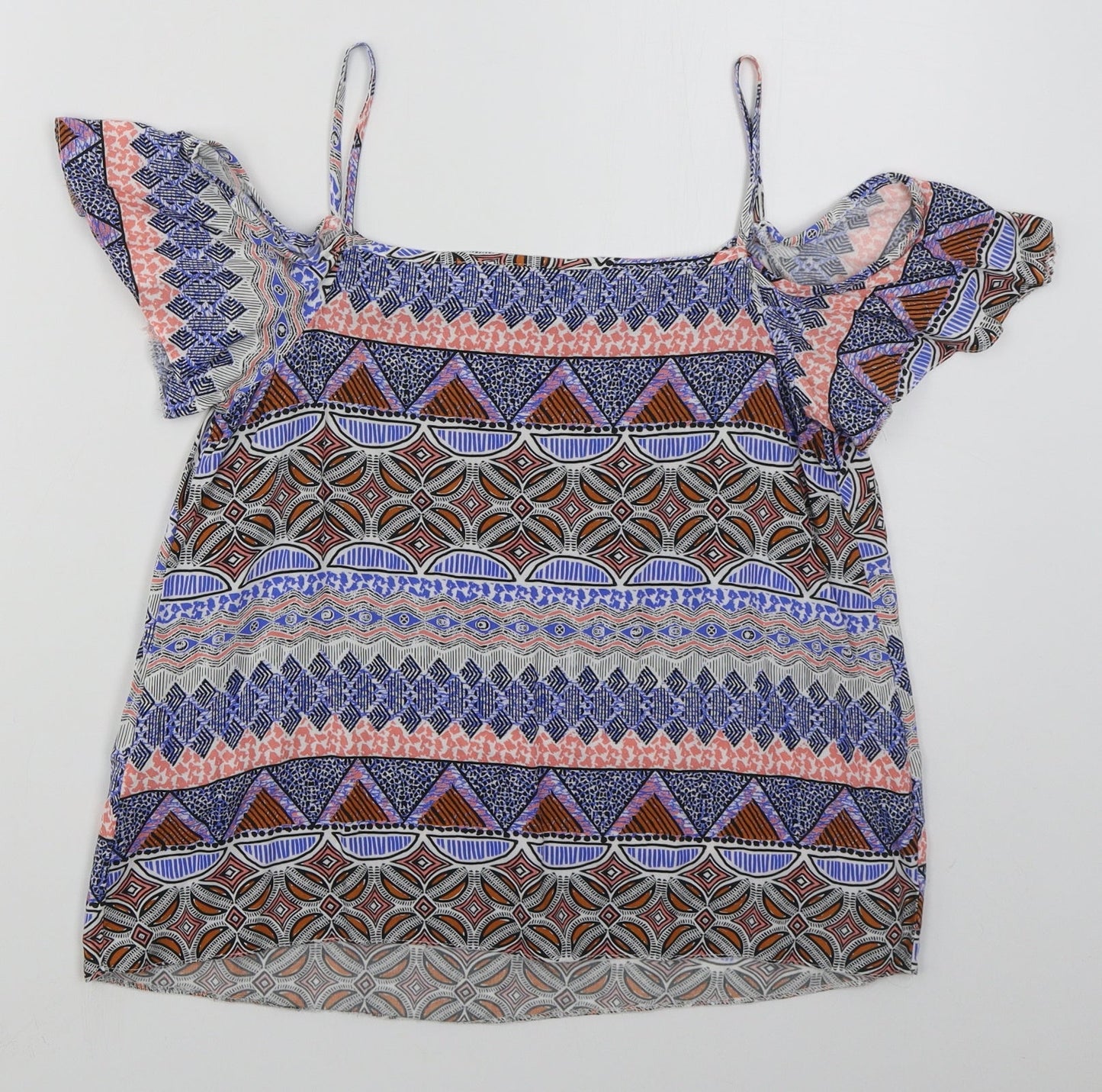 New Look Womens Blue Geometric Viscose Basic Blouse Size 6 V-Neck