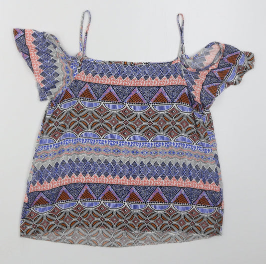New Look Womens Blue Geometric Viscose Basic Blouse Size 6 V-Neck