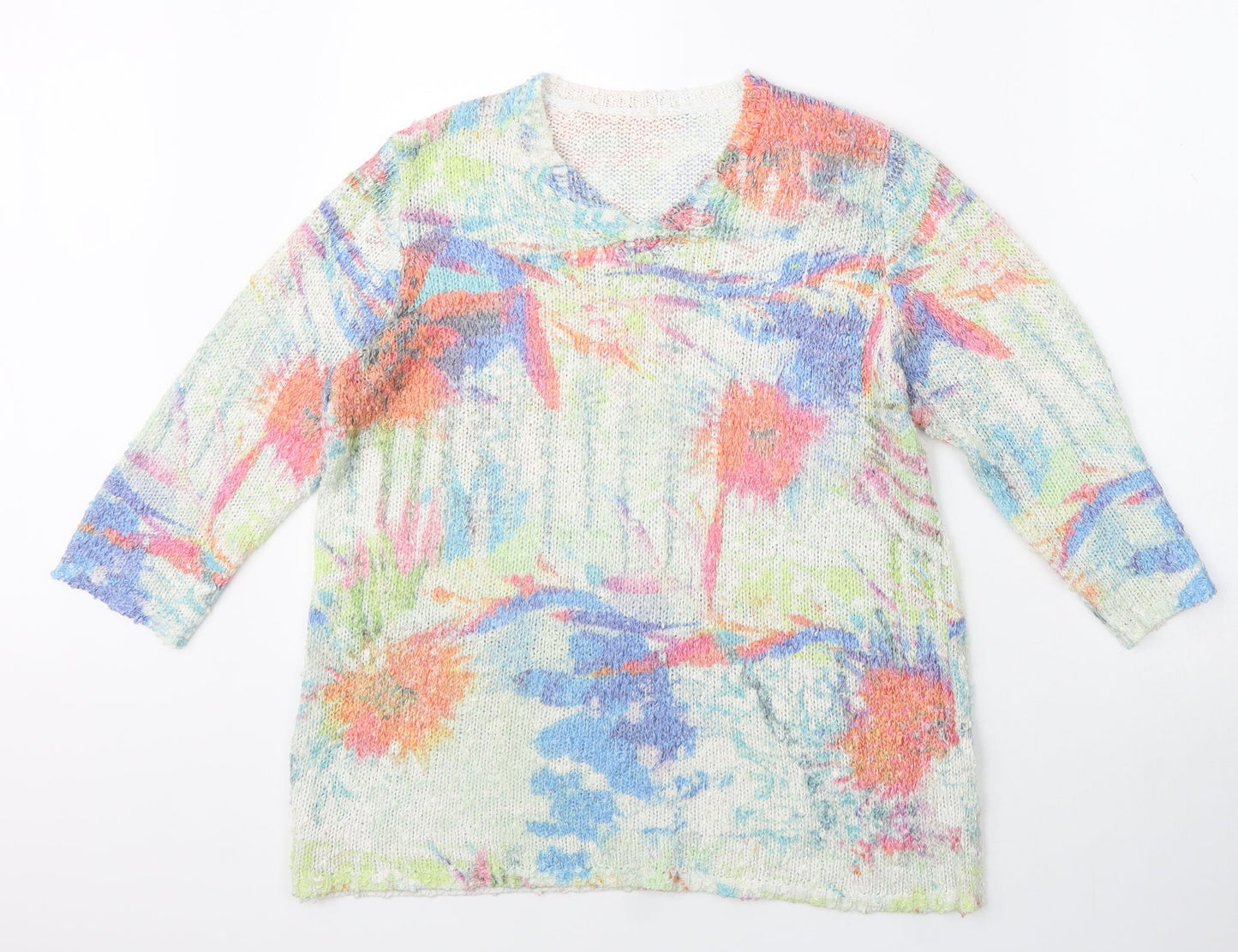 Preworn Womens Ivory V-Neck Floral Acrylic Pullover Jumper Size S