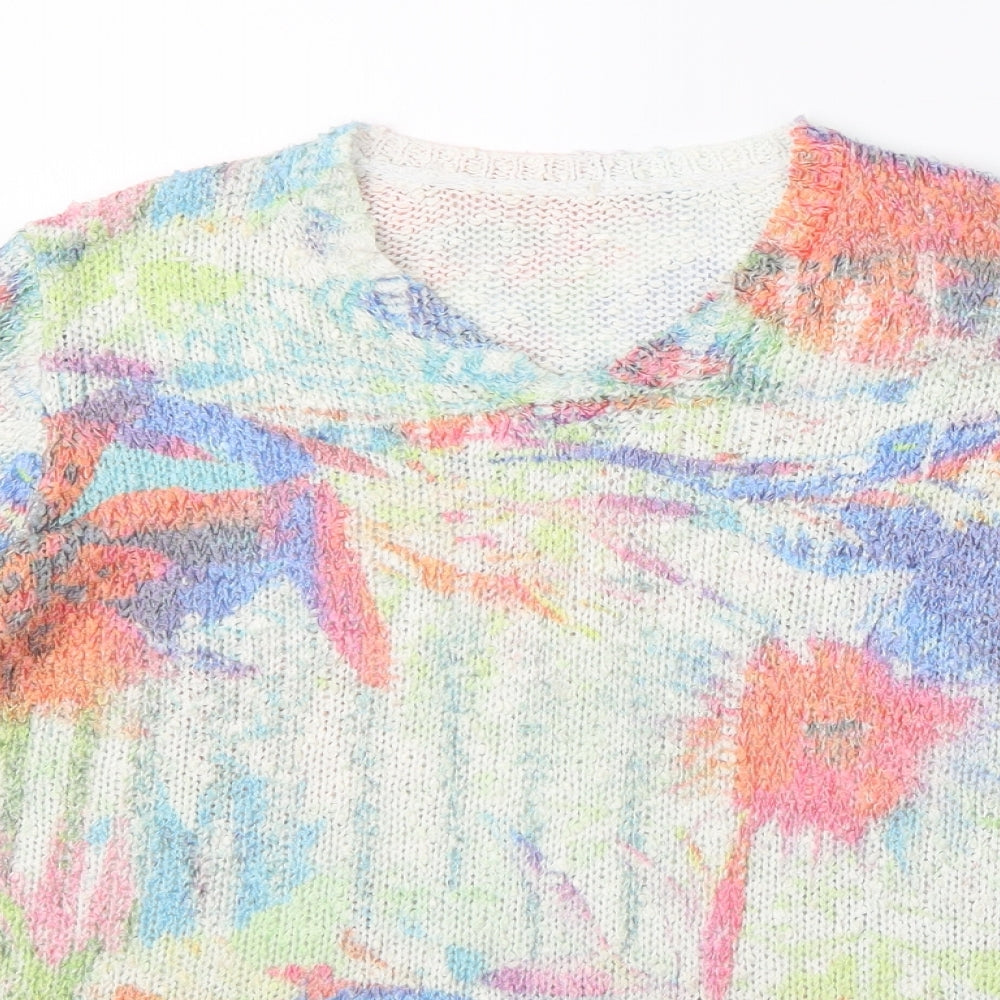 Preworn Womens Ivory V-Neck Floral Acrylic Pullover Jumper Size S