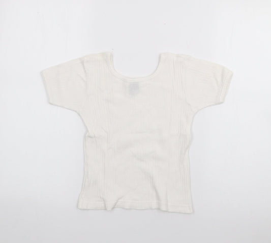 COCO Girls White  Cotton Pullover T-Shirt Size 6 Years Scoop Neck