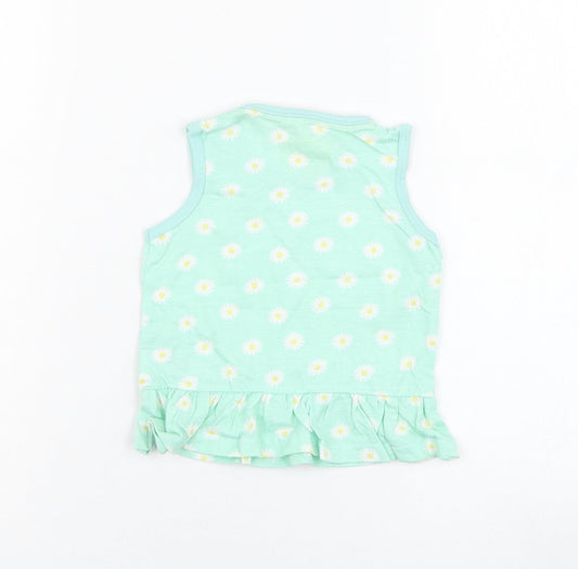 Primark Girls Green Floral Cotton Basic Tank Size 12-18 Months Round Neck Pullover - Daisy
