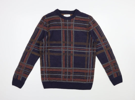 The Idle Man Mens Blue Crew Neck Plaid Acrylic Pullover Jumper Size S