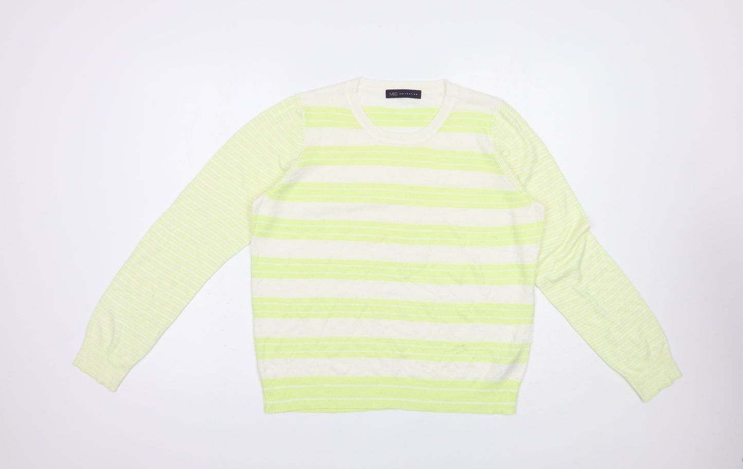 Marks and Spencer Womens White Crew Neck Striped Acrylic Pullover Jumper Size 14