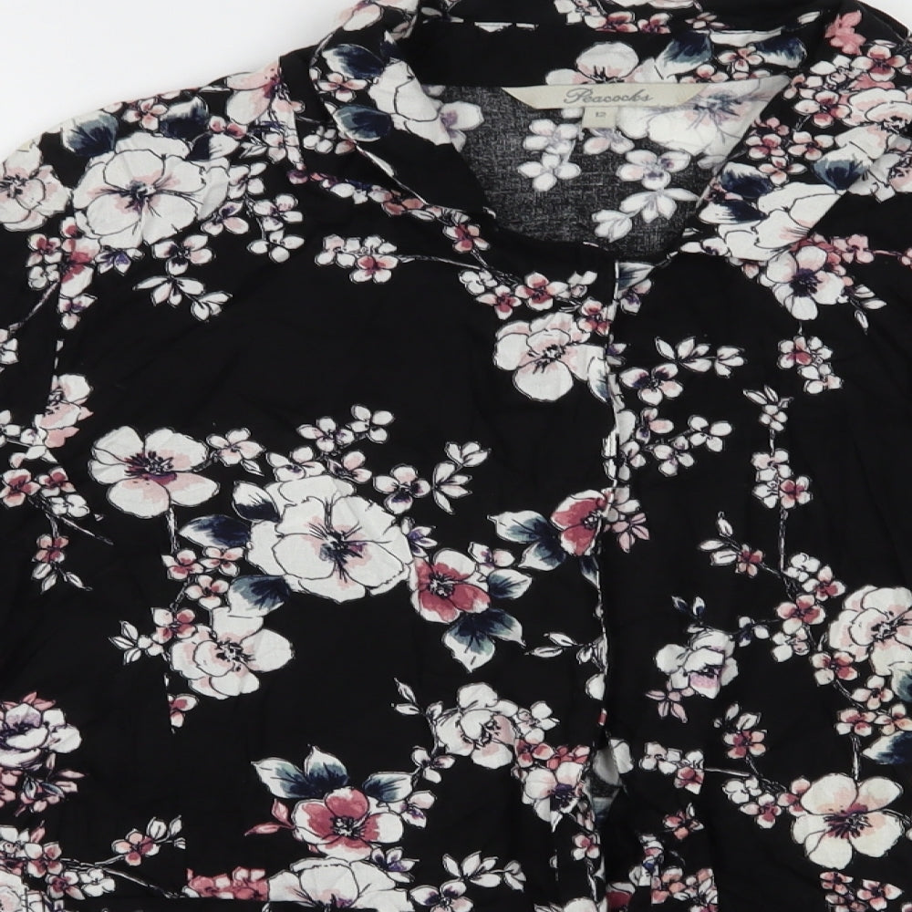 Peacocks Womens Black Floral Viscose Kimono Blouse Size 12 V-Neck