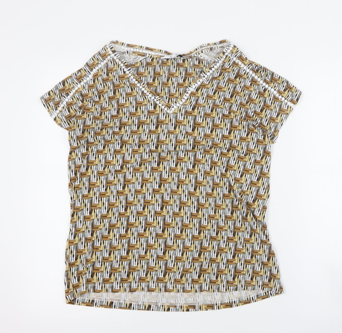 NEXT Womens Yellow Geometric Viscose Basic T-Shirt Size 10 V-Neck