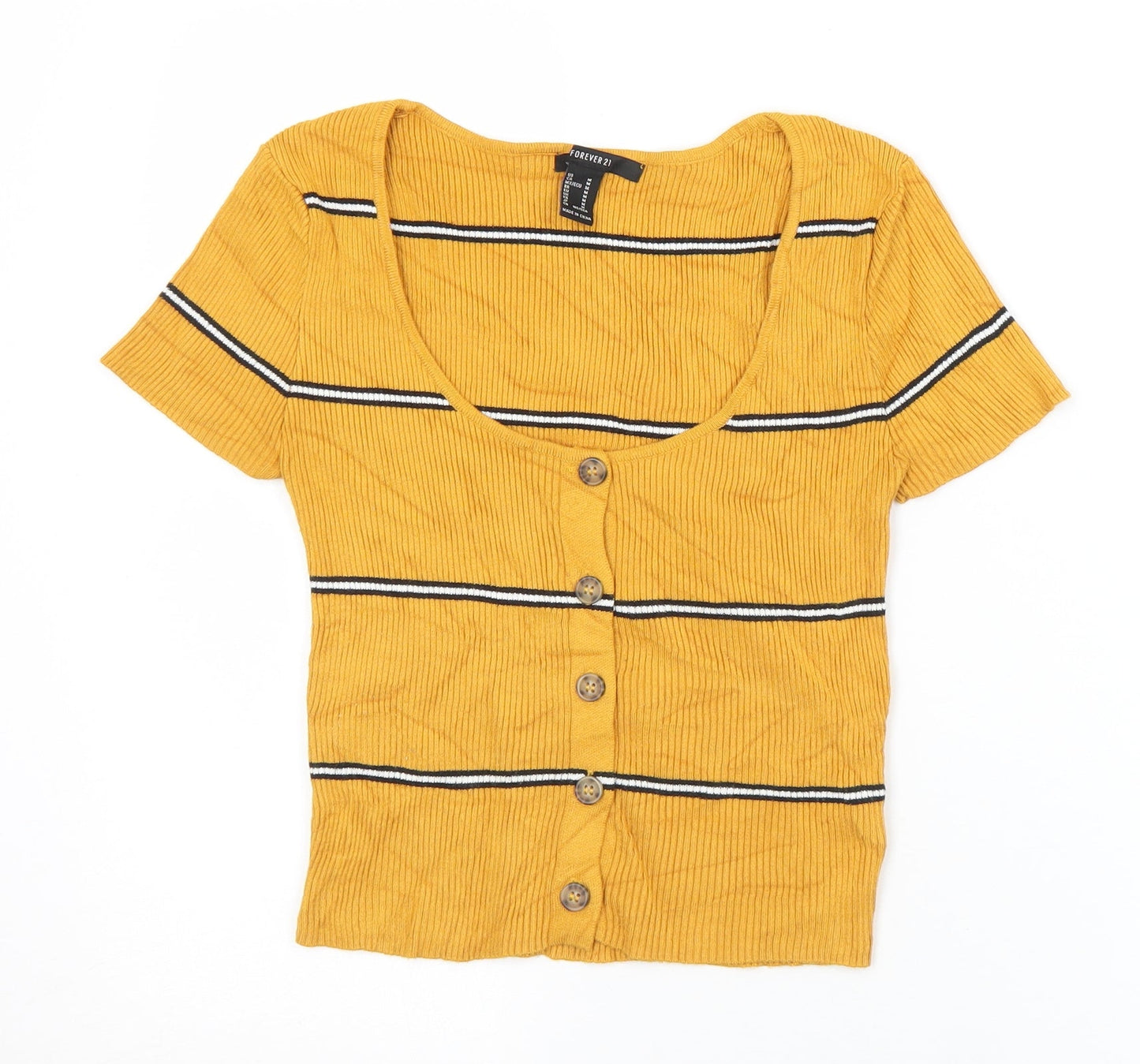FOREVER 21 Womens Yellow Striped Polyamide Cropped Button-Up Size M Scoop Neck