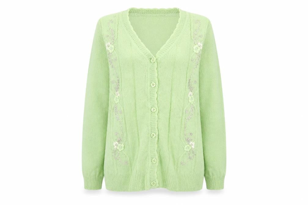 Reflect Womens Green V-Neck Floral Acrylic Cardigan Jumper Size L