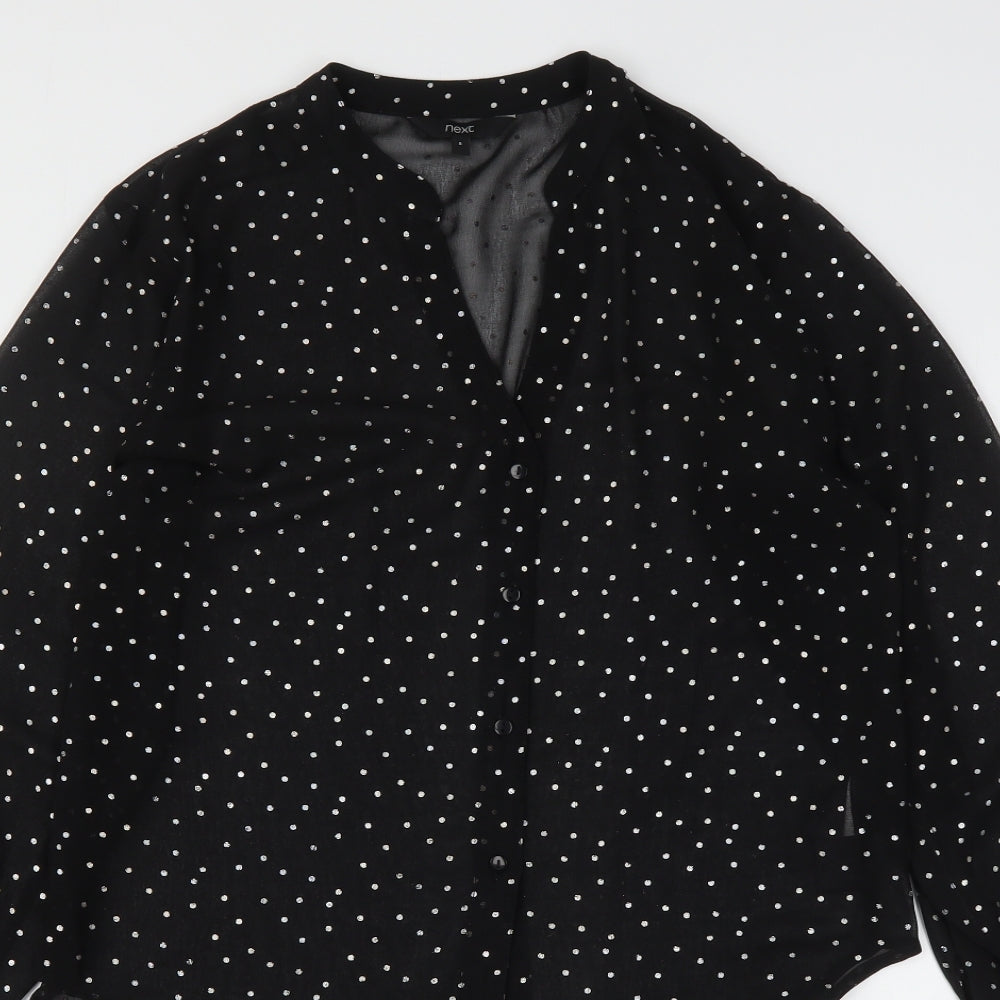 NEXT Womens Black Polka Dot Polyester Basic Button-Up Size 8 V-Neck