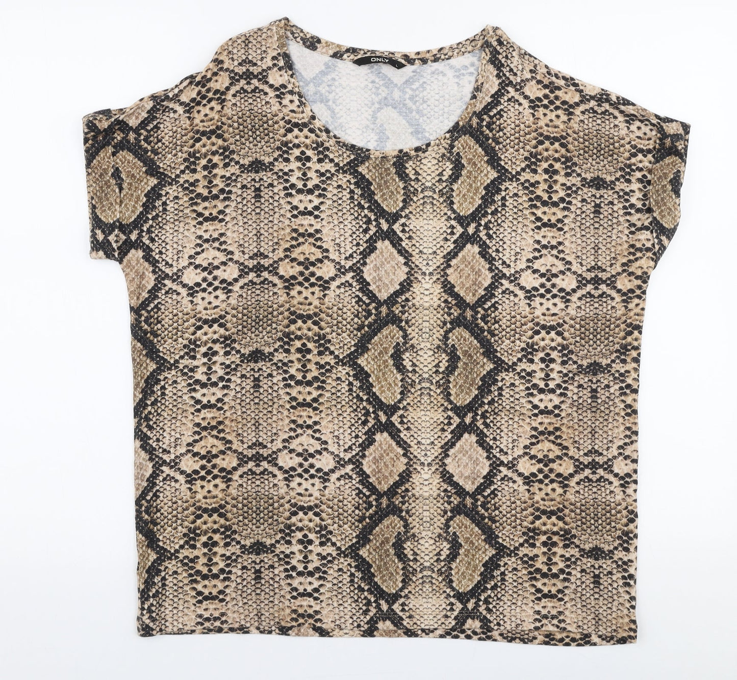 Only Womens Beige Animal Print Viscose Jersey T-Shirt Size L Round Neck