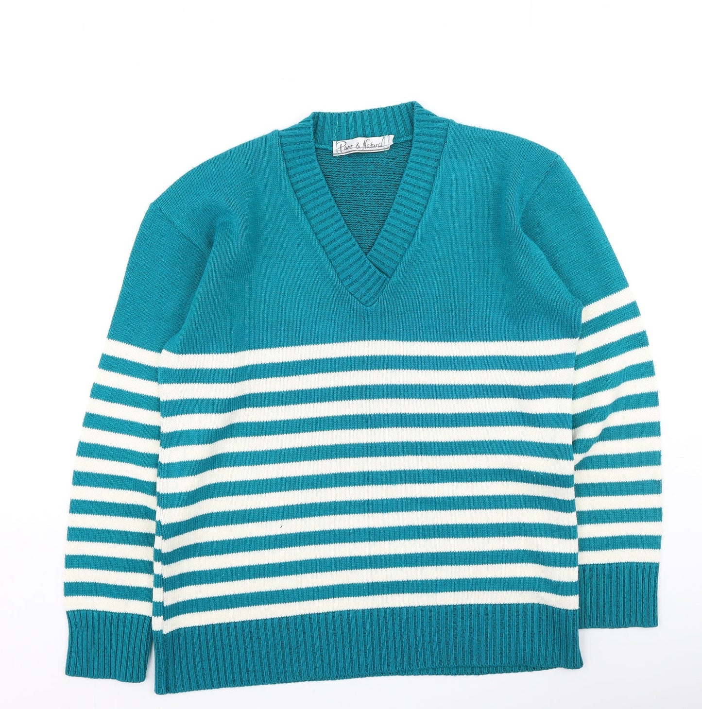 Pure & Natural  Womens Green V-Neck Striped Acrylic Pullover Jumper Size S