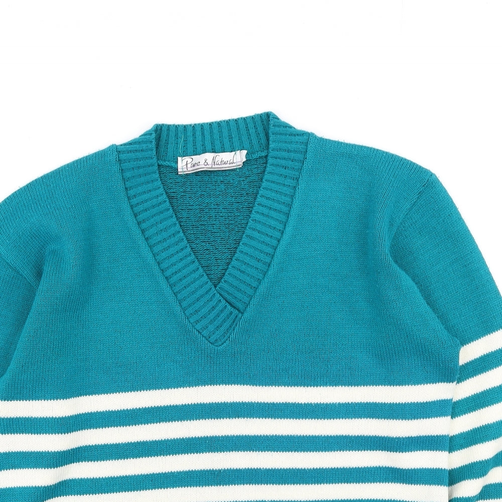 Pure & Natural  Womens Green V-Neck Striped Acrylic Pullover Jumper Size S