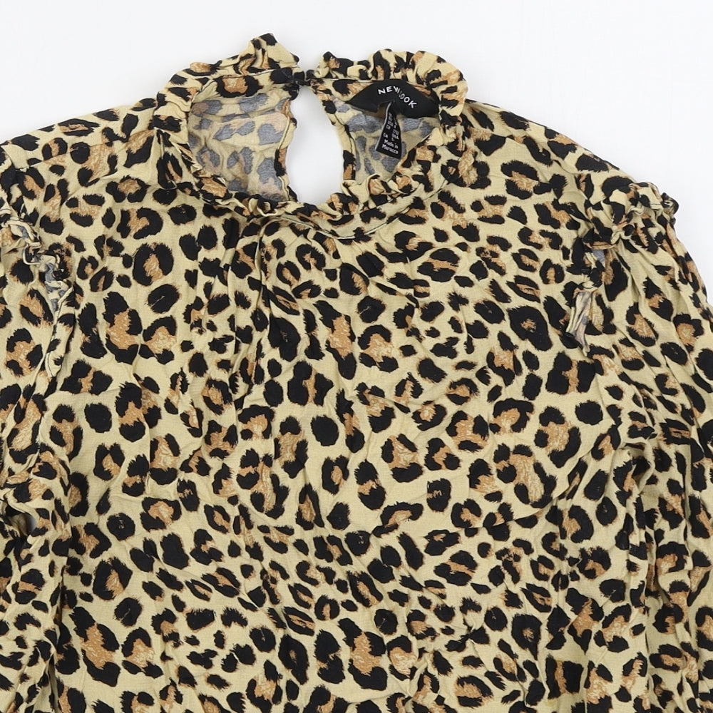 New Look Womens Brown Animal Print Viscose Basic Blouse Size 10 Round Neck