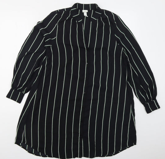 H&M Womens Black Striped Polyester Shirt Dress  Size 6  V-Neck Button