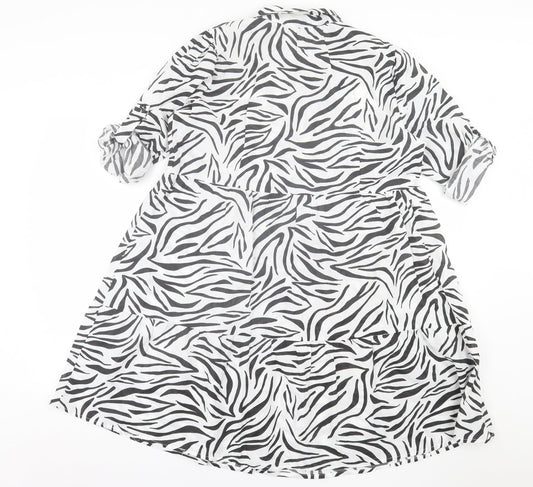cave Womens White Animal Print Polyester A-Line  Size 12  Collared Button