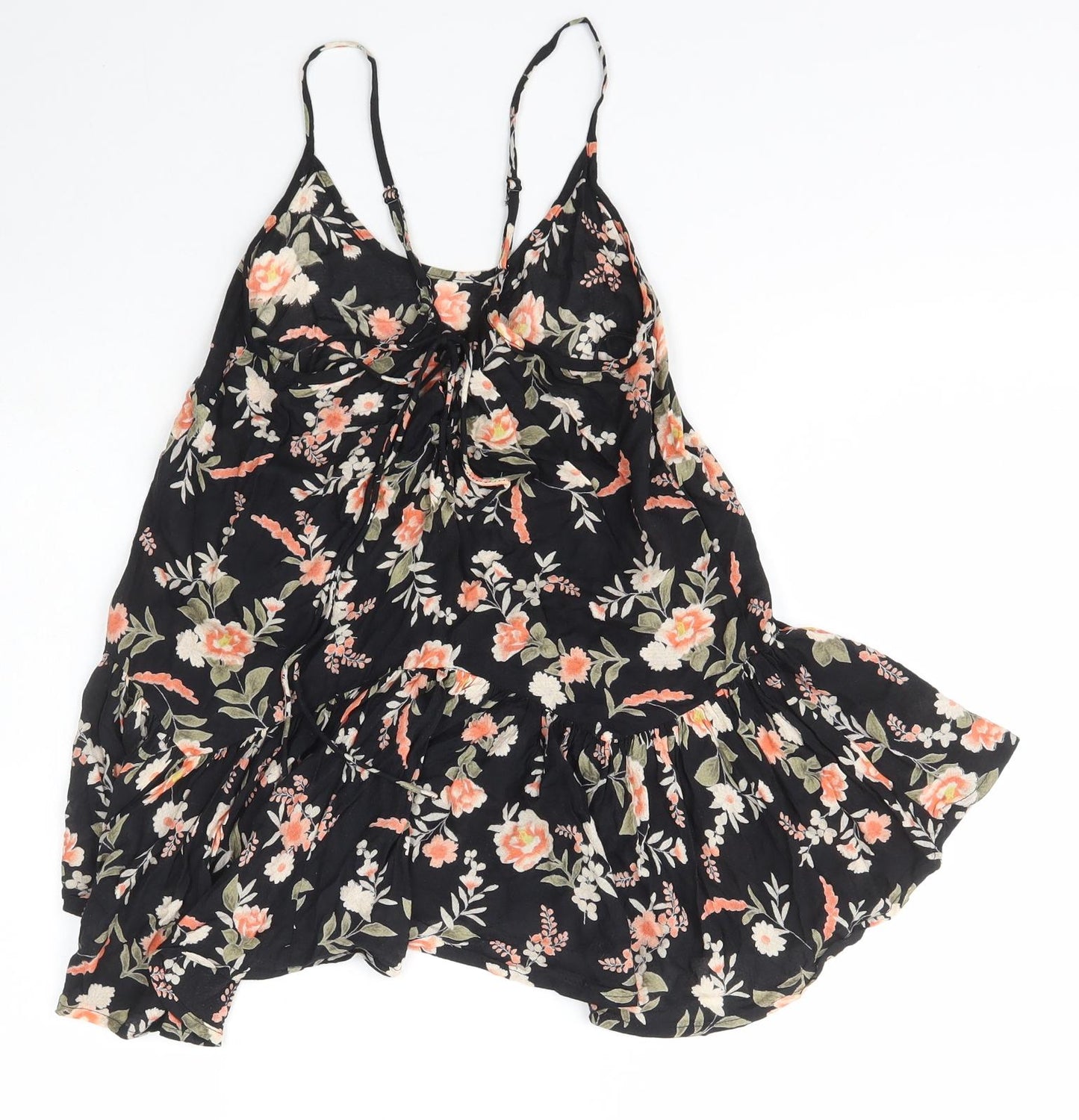 Miss Selfridge Womens Black Floral Viscose Basic T-Shirt Size 8 Scoop Neck