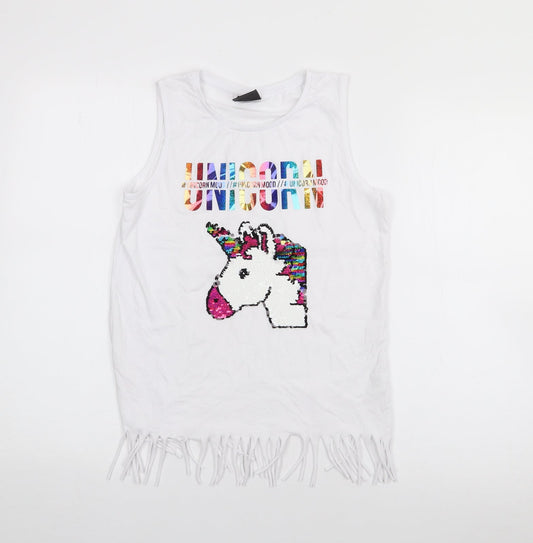 Primark Girls White  Cotton Camisole Tank Size 11-12 Years Scoop Neck  - Unicorn