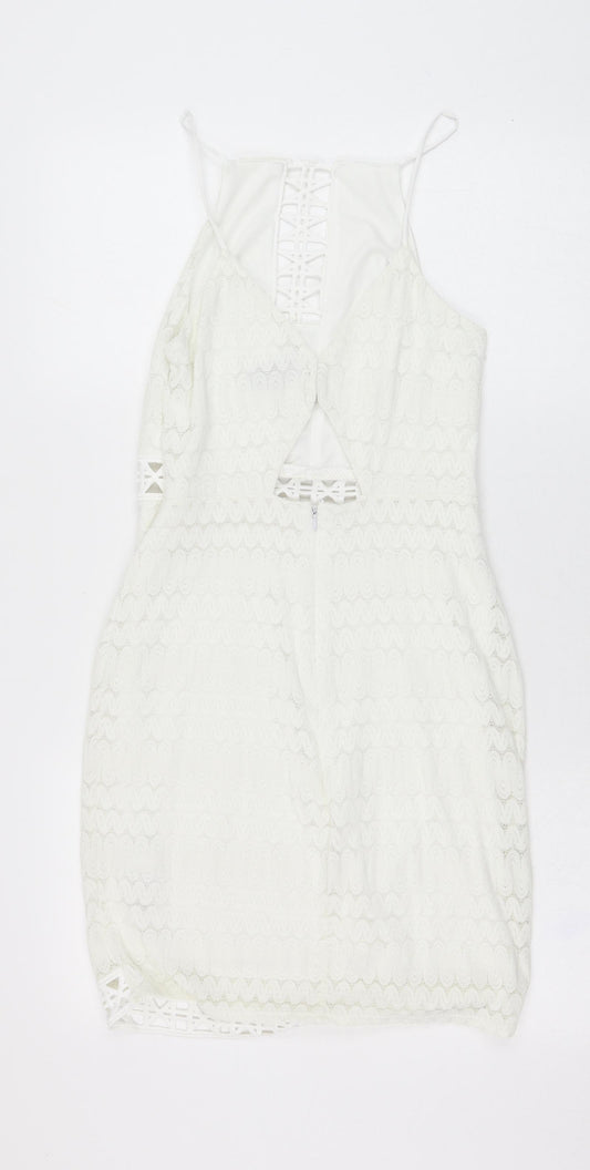 Topshop Womens Ivory  Nylon Pencil Dress  Size 8  Square Neck Hook & Loop