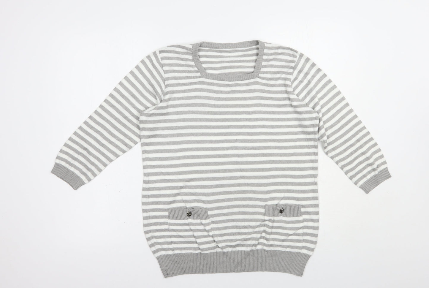 Preworn Womens Grey Square Neck Striped Cotton Pullover Jumper Size M