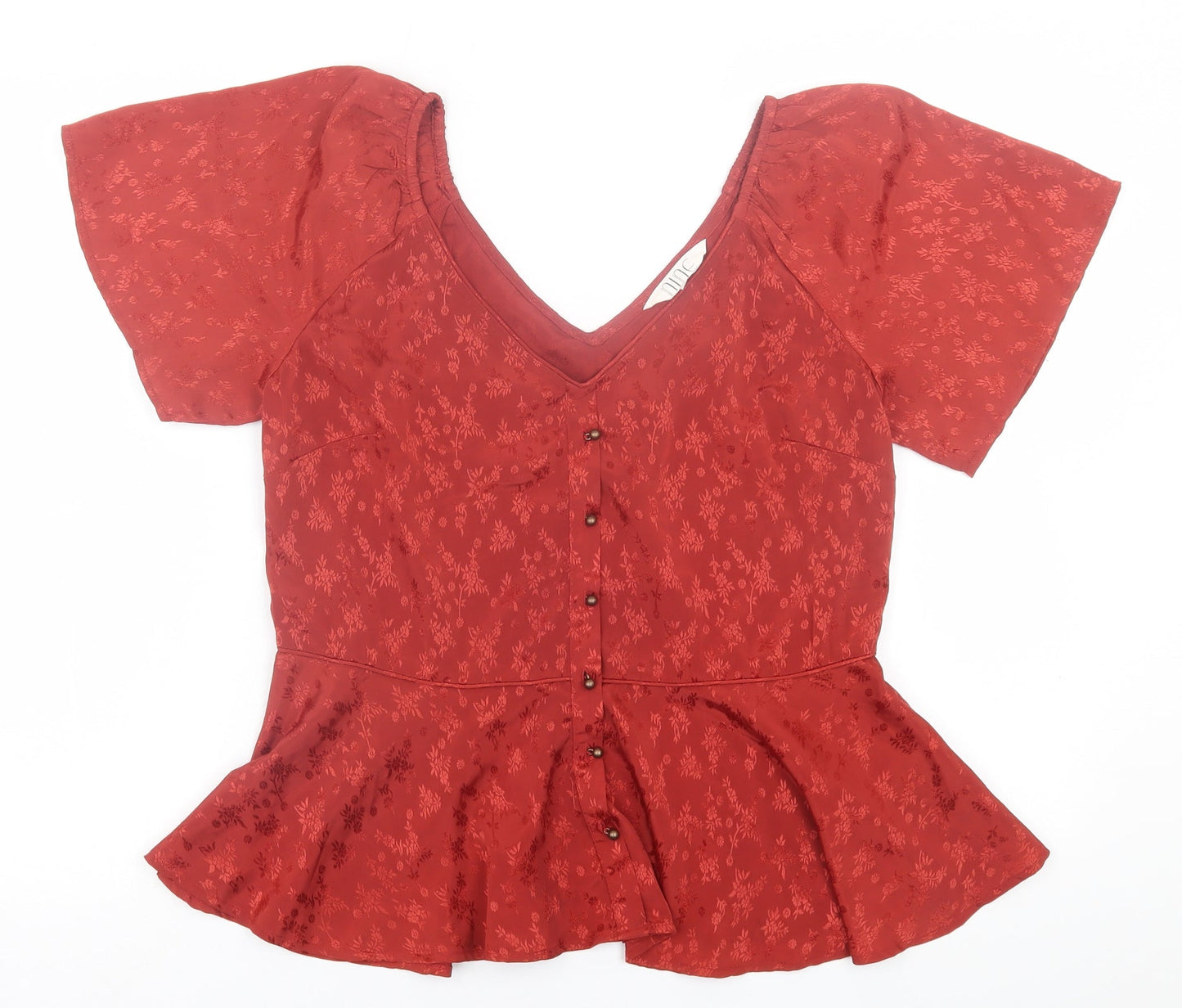 Nine Savannah Miller Womens Red Floral Polyester Basic T-Shirt Size 12 V-Neck