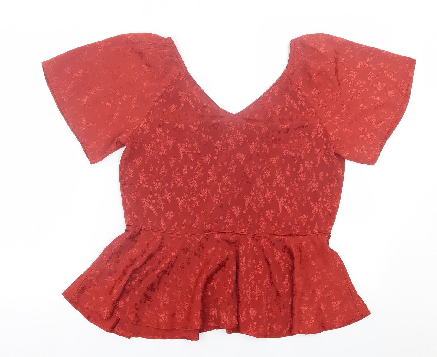 Nine Savannah Miller Womens Red Floral Polyester Basic T-Shirt Size 12 V-Neck