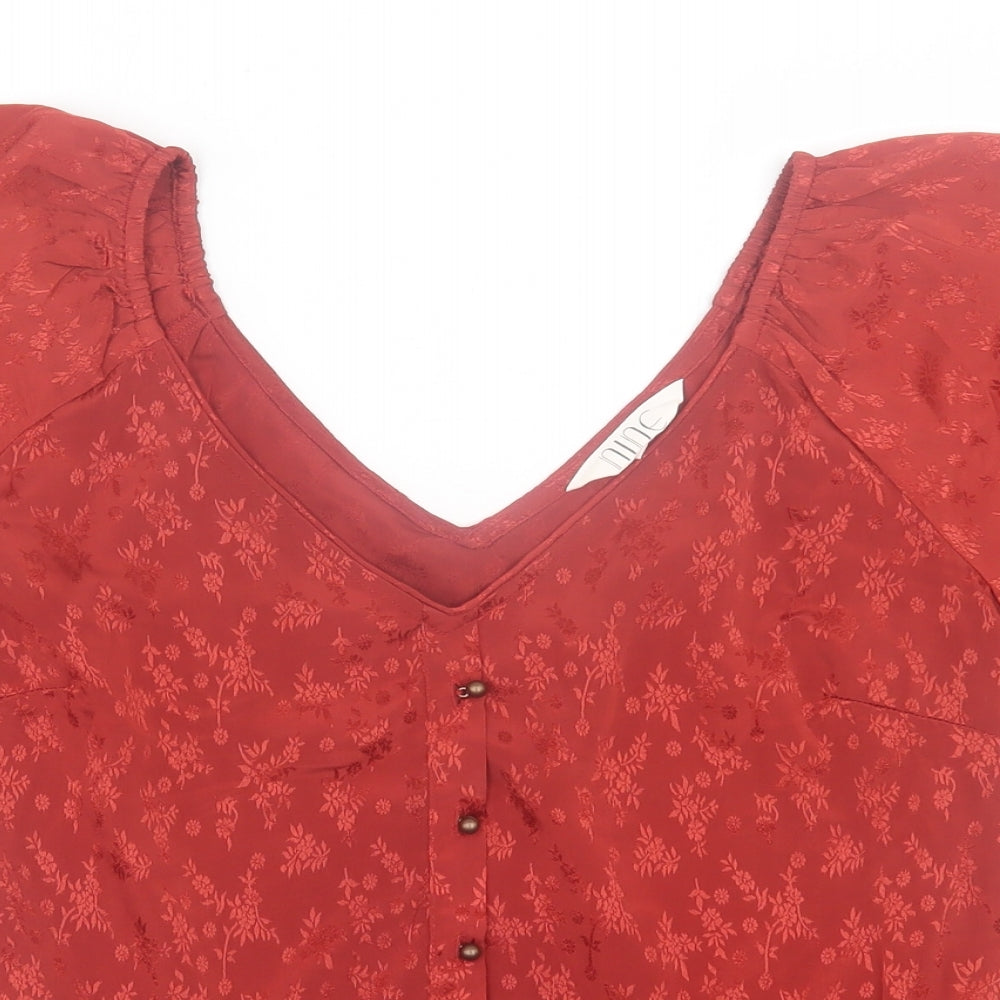 Nine Savannah Miller Womens Red Floral Polyester Basic T-Shirt Size 12 V-Neck