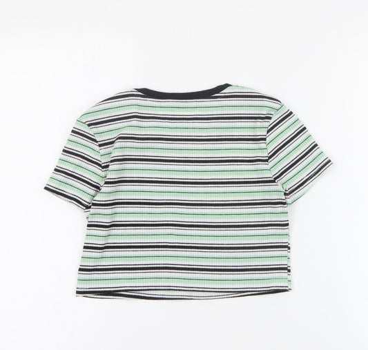 SheIn Girls Green Striped Cotton Basic T-Shirt Size 12 Years Round Neck Pullover - Ribbed
