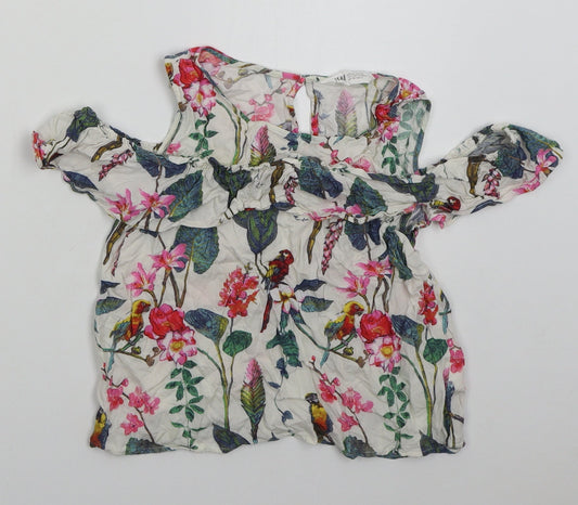 H&M Girls White Floral Viscose Basic Blouse Size 12 Years Round Neck Pullover