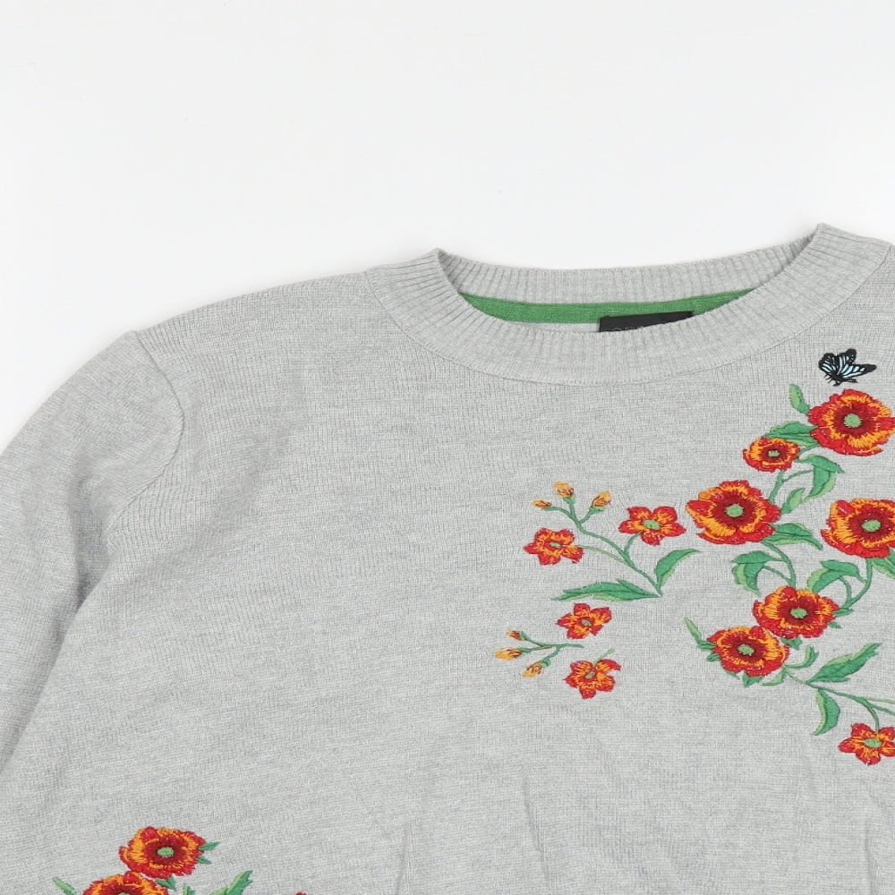 Topshop Womens Grey Round Neck Floral Acrylic Pullover Jumper Size 10