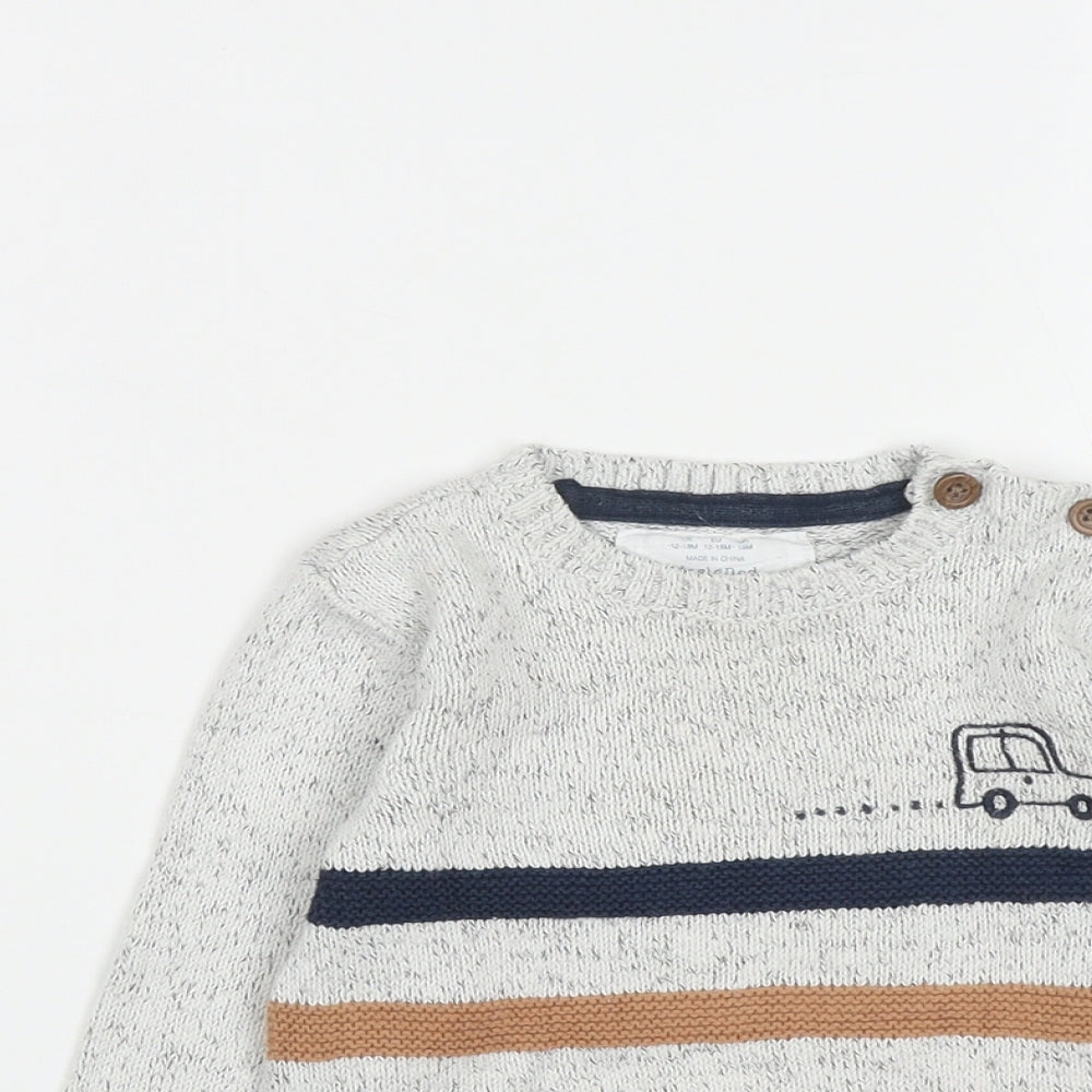 F&F Baby Grey Striped Cotton Pullover Jumper Size 12-18 Months  Button