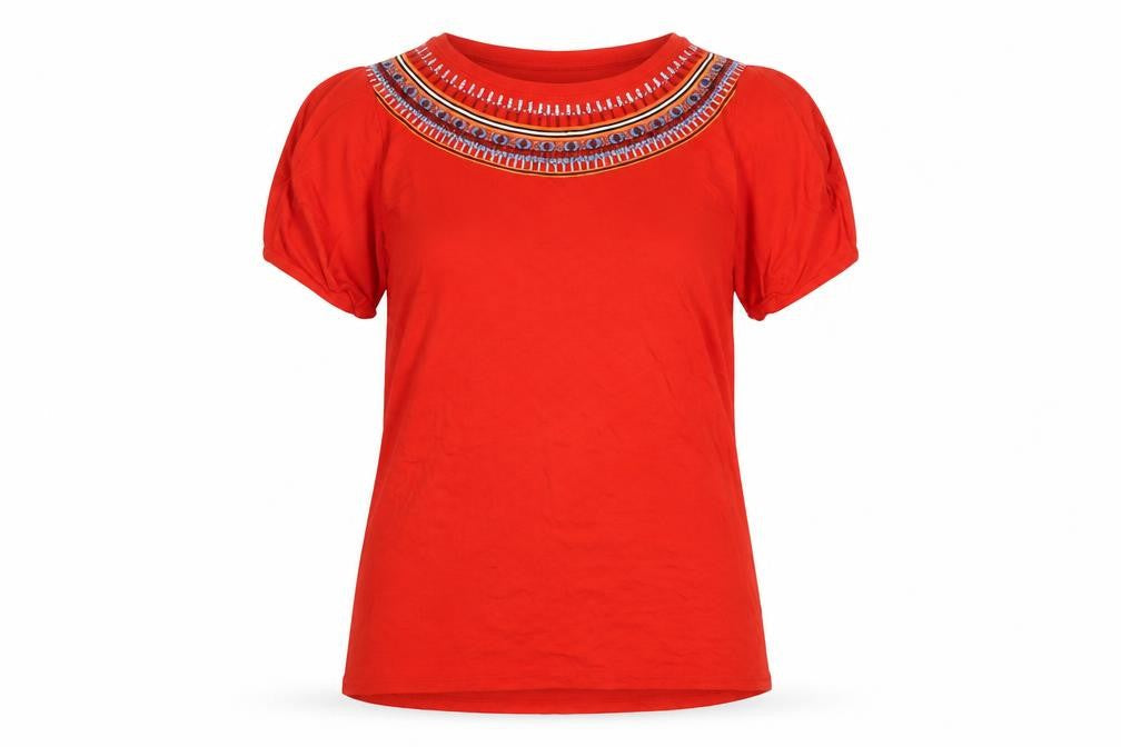 Pep&Co Womens Red Geometric Viscose Basic T-Shirt Size 10 Round Neck - Shoulder Detail