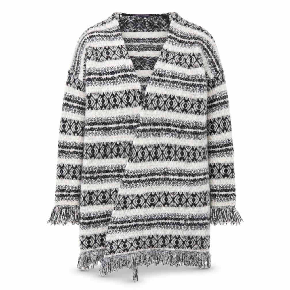 Marks and Spencer Womens Beige Round Neck Geometric Acrylic Wrap Jumper Size L   - tassels on bottom