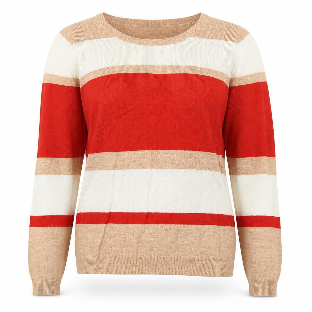 Marks and Spencer Womens Beige Round Neck Striped Polyester Pullover Jumper Size 12