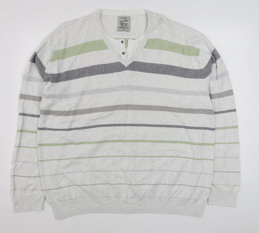 Nex Mens White V-Neck Striped Cotton Pullover Jumper Size 2XL
