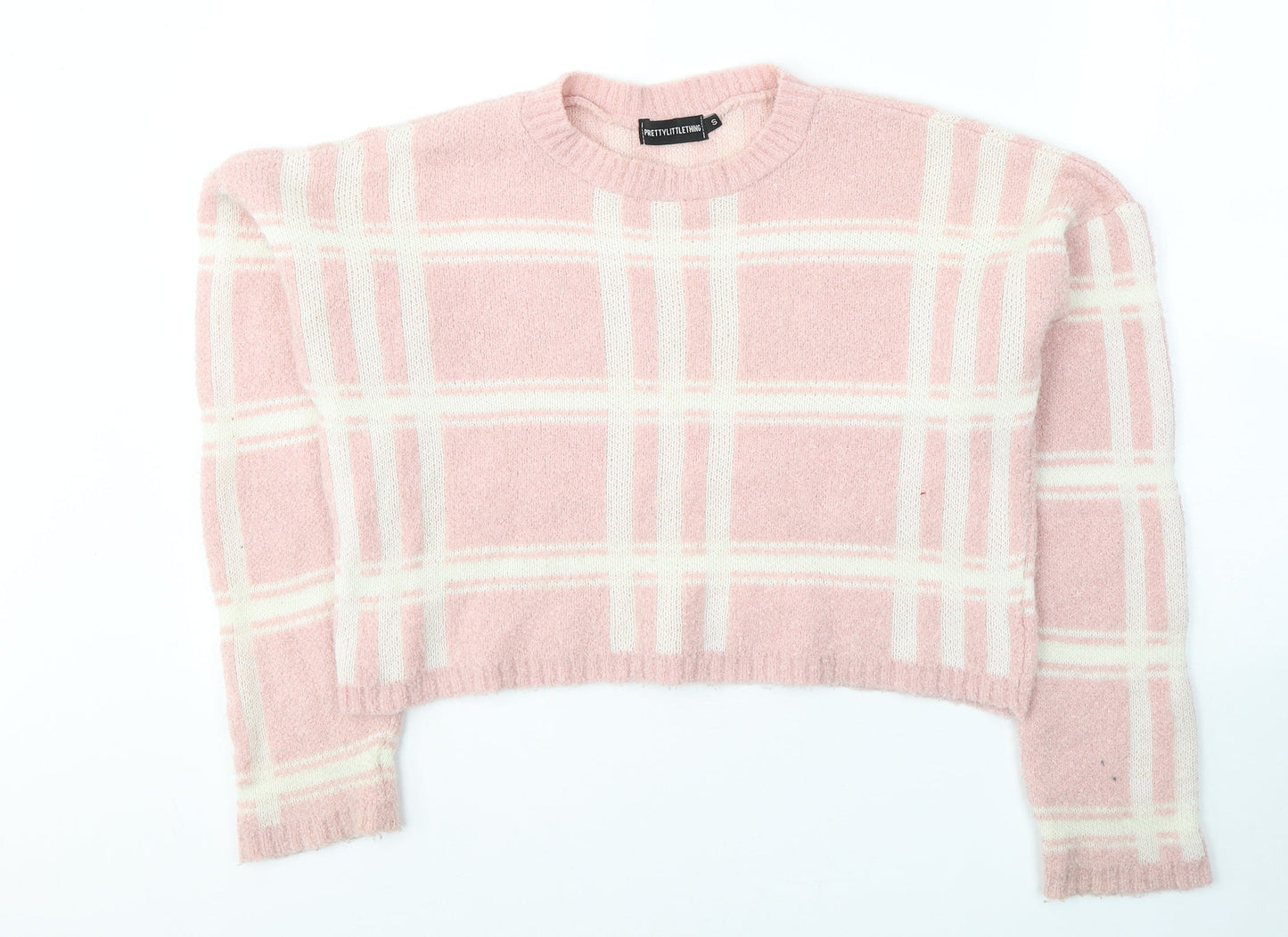 PRETTYLITTLETHING Womens Pink Round Neck Plaid Acrylic Pullover Jumper Size 8   - cropped