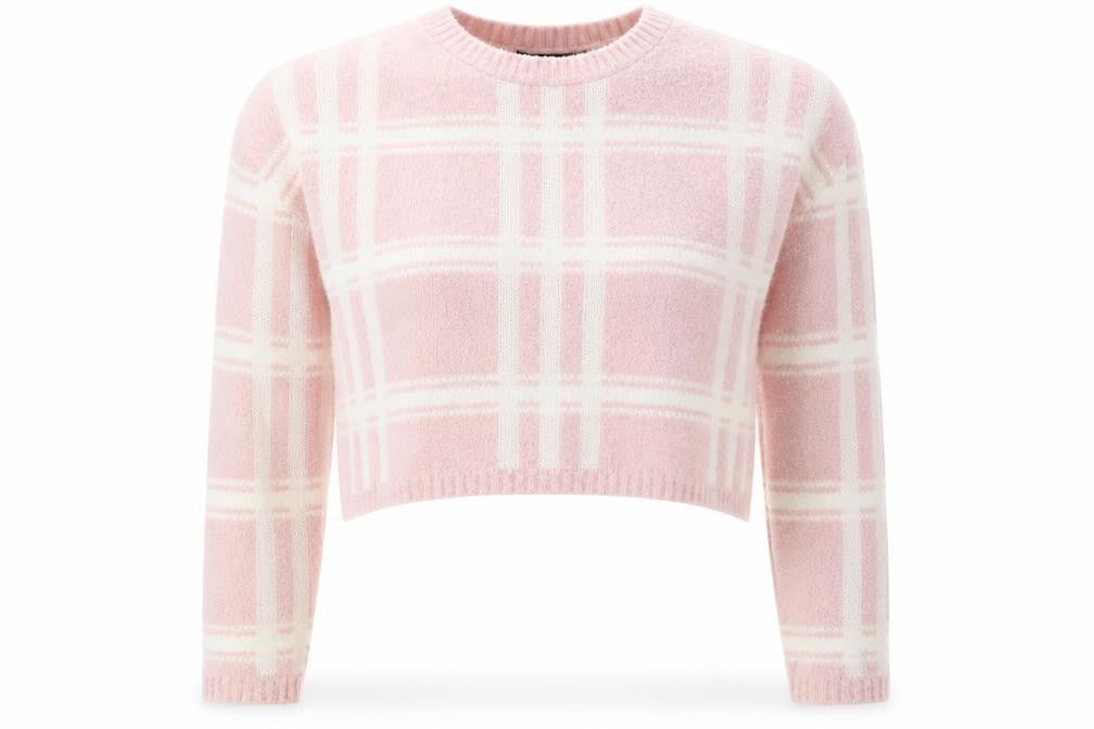 PRETTYLITTLETHING Womens Pink Round Neck Plaid Acrylic Pullover Jumper Size 8   - cropped