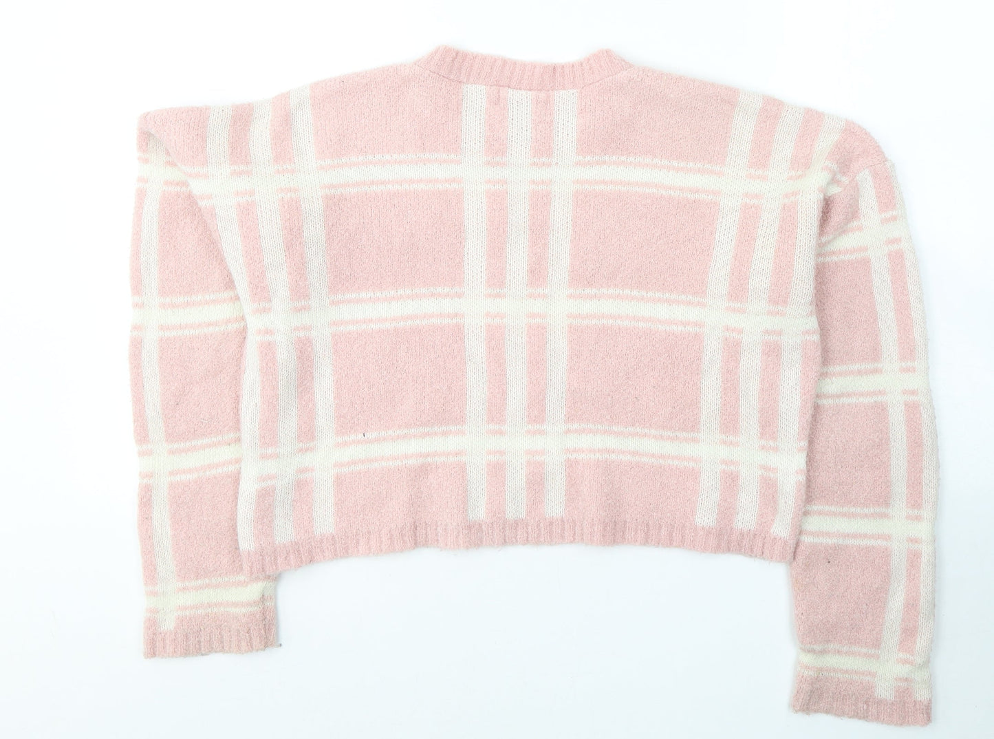 PRETTYLITTLETHING Womens Pink Round Neck Plaid Acrylic Pullover Jumper Size 8   - cropped