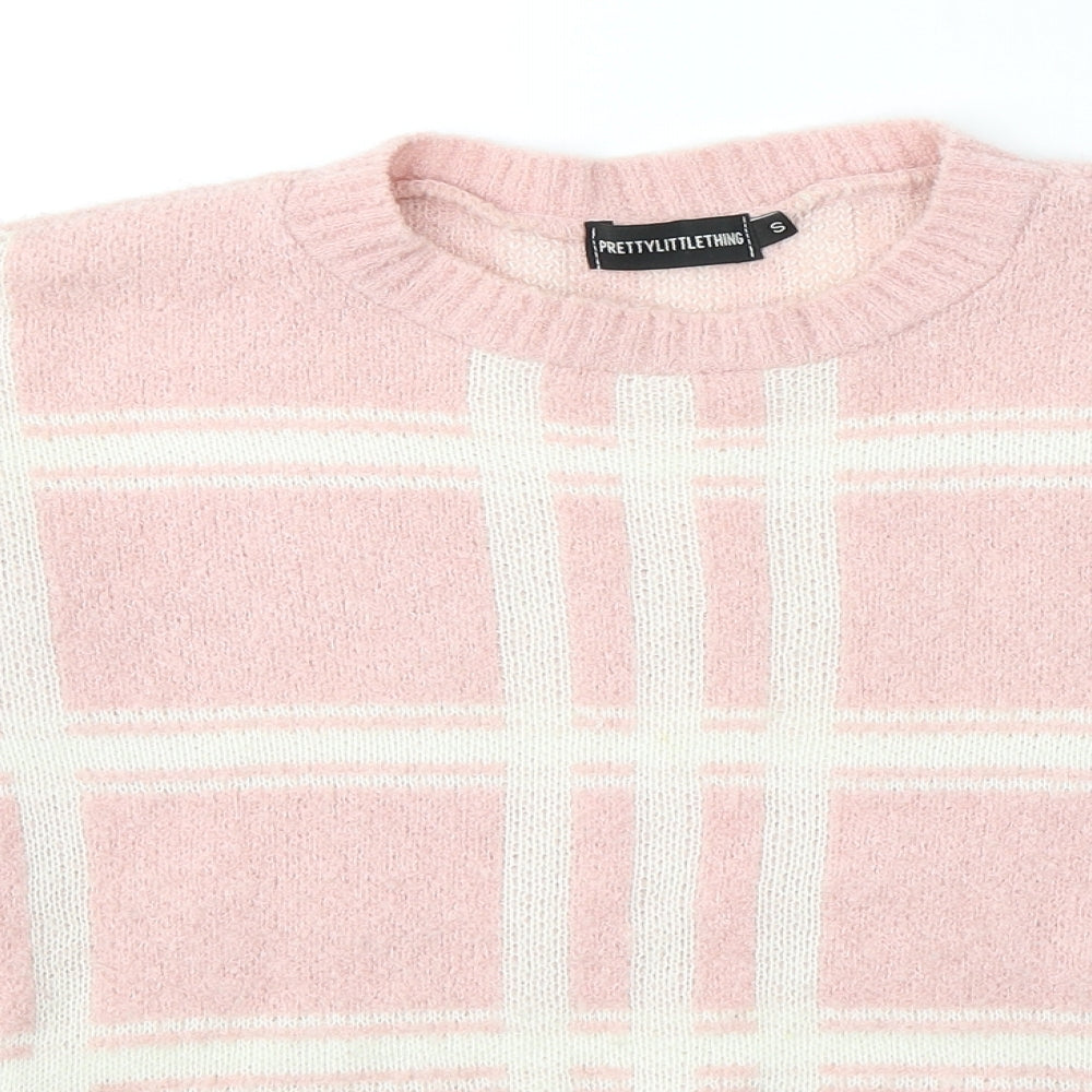 PRETTYLITTLETHING Womens Pink Round Neck Plaid Acrylic Pullover Jumper Size 8   - cropped