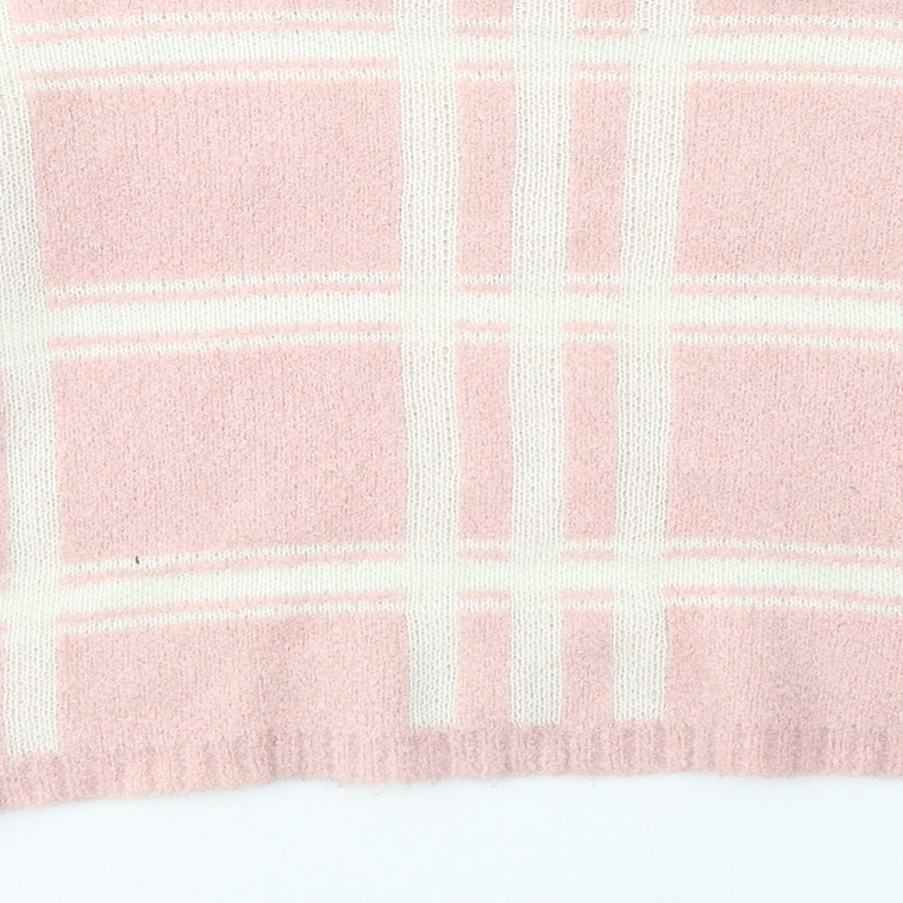 PRETTYLITTLETHING Womens Pink Round Neck Plaid Acrylic Pullover Jumper Size 8   - cropped